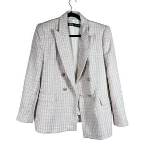 Zara Light Pink Tweed Textured Double Breasted Blazer sz XL
